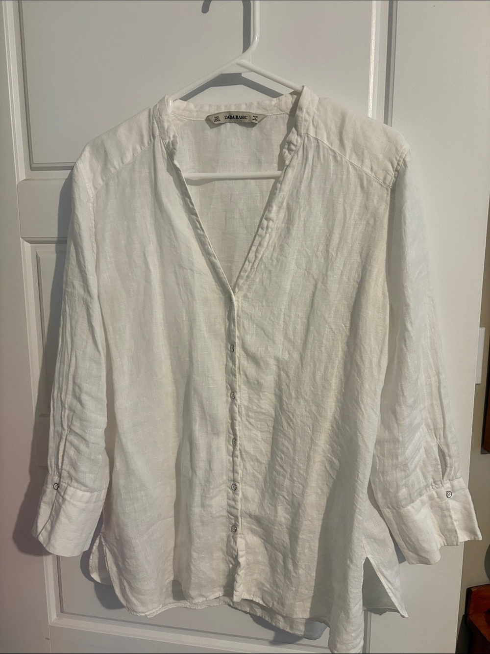 Zara White Linen V-Neck Button Down Shirt for Women